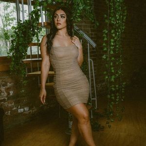 Sexy Ruched Mesh Mini Dress Taupe